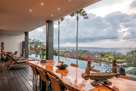 Dining room with pool view